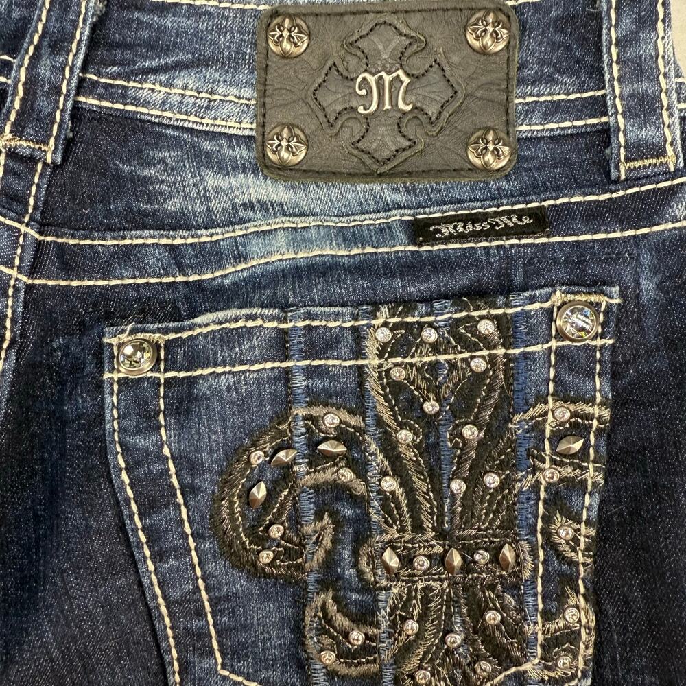 Miss Me Jeans Women's 28x31 (6) Dark Blue Skinny Fleur de Lis Blingy Western - Picture 4 of 14